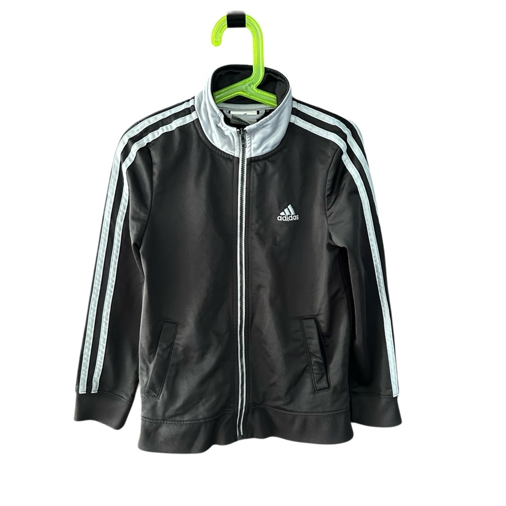 Adidas Black Gray Three Stripe Zipper Track Jacket Embroidered Logos Size 6